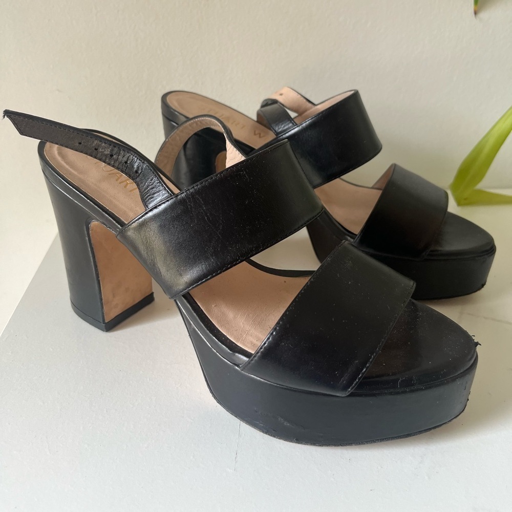 Stuart Weitzman Black Leather Platform Pumps Heels Sandals Straps EU 36.5